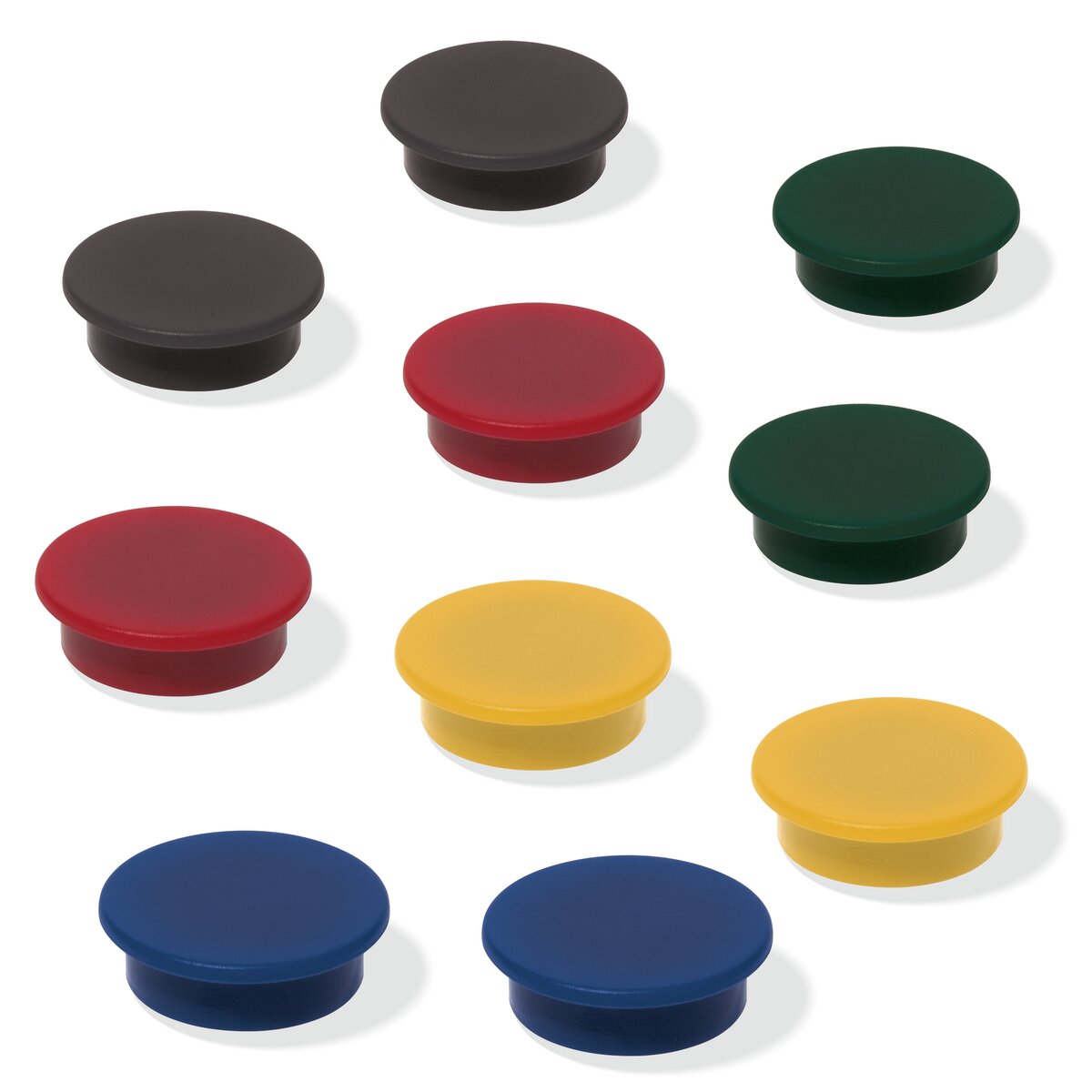 Ten colourful, round plastic lids