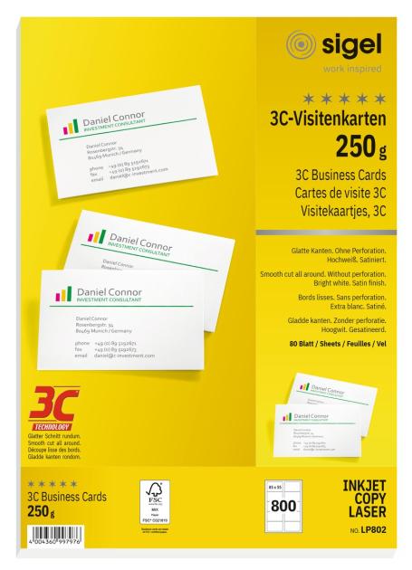 Business cards, bright white, 250 gsm, 800 cards | SIGEL