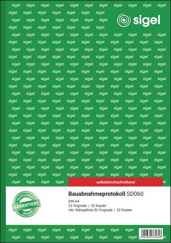 Das Bild zeigt die grüne Vorderseite des Bauabnahmeprotokolls SD060 mit Produktangaben