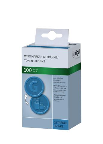 Wertmarkenbox für Getränke mit 100 blauen Plastikchips