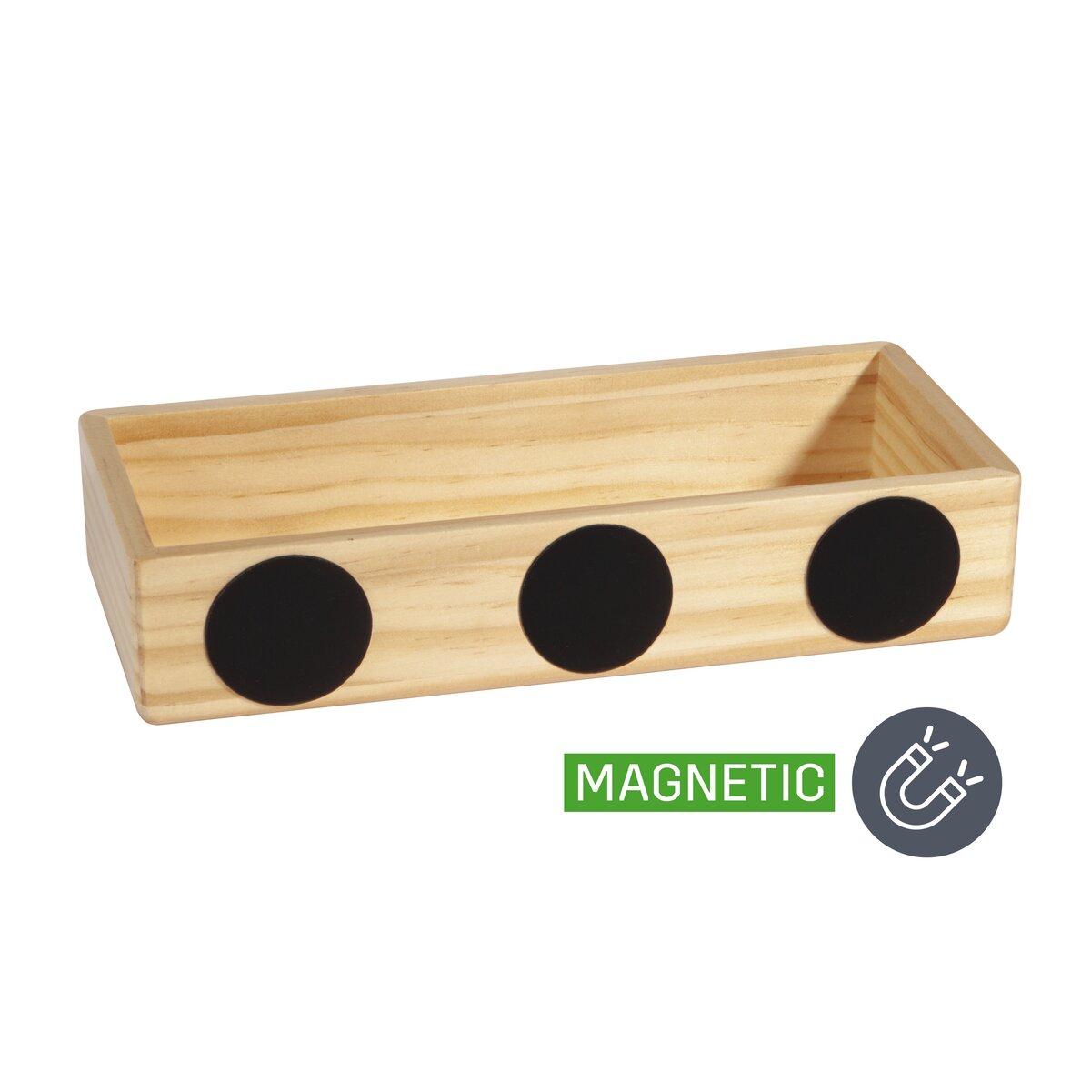 Wooden box with three black magnets Text: MAGNETIC