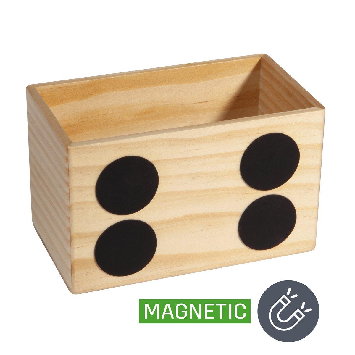 Wooden box with four black magnetic circuits Text MAGNETIC in green