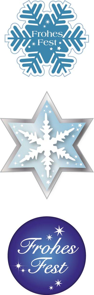 Drei Weihnachtsdekorationen: blaue Schneeflocke, strahlender Stern, blauer Kreis
