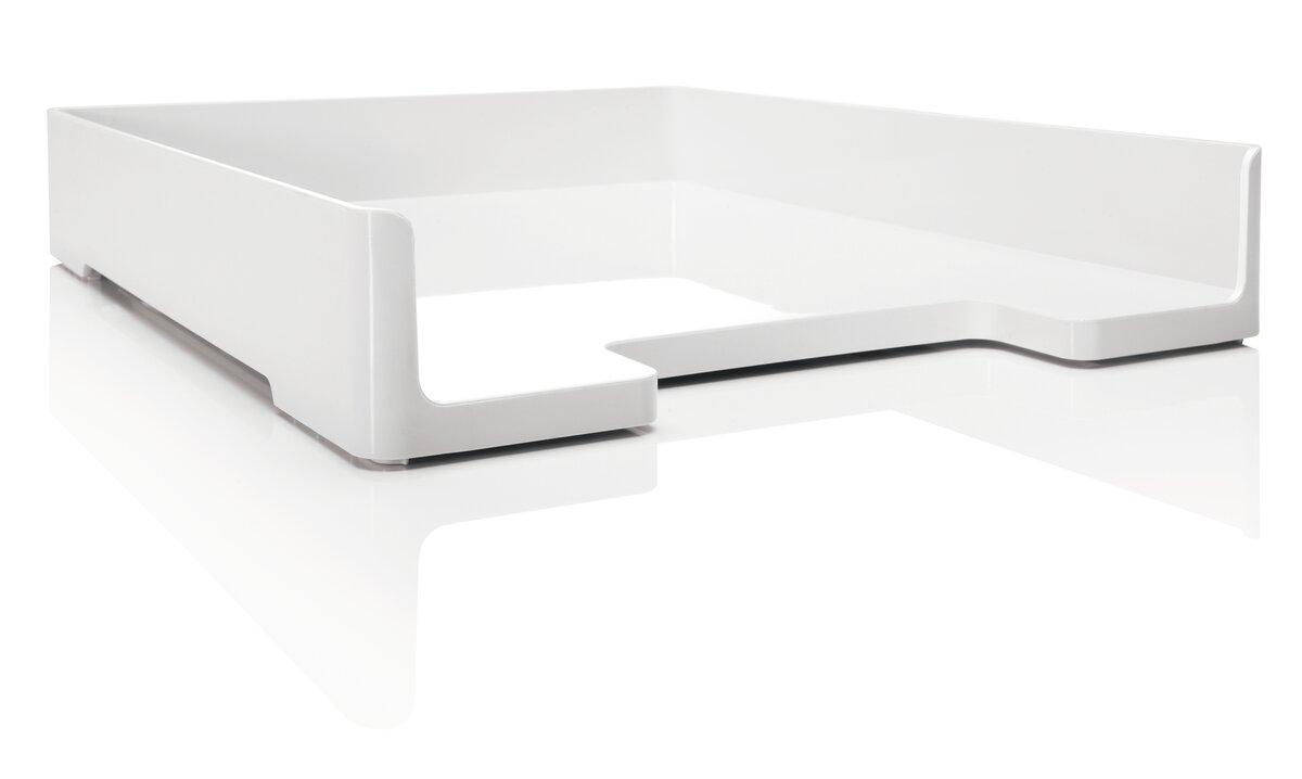 Flat, white storage basket, clear lacquer