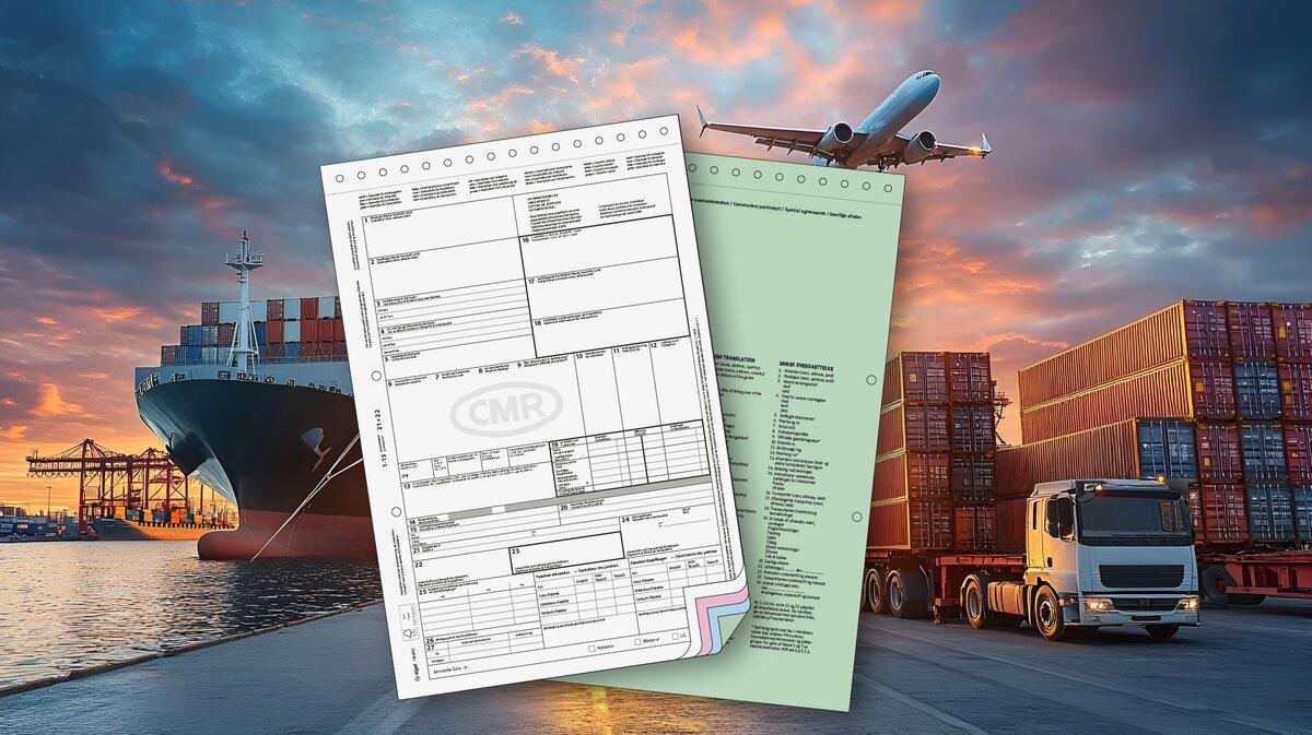 Ship, plane, truck at sunset, in the foreground shipping documents