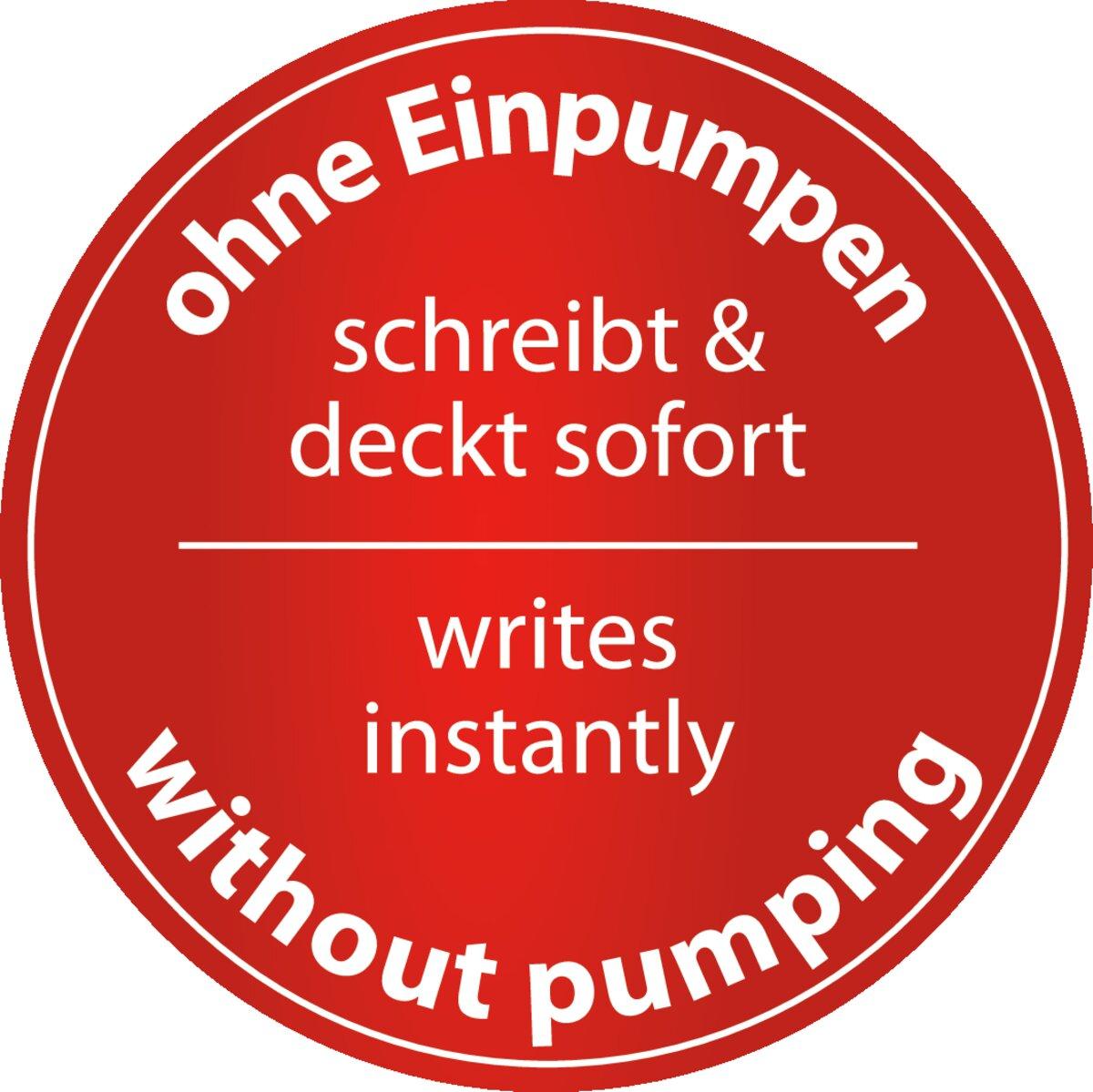 Red circle with text: without pumping, writes & covers instantly, without pumping