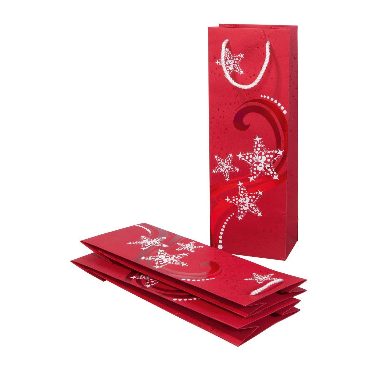 Rote Geschenktüten mit weißen Schneeflockenmustern und Kordelgriff