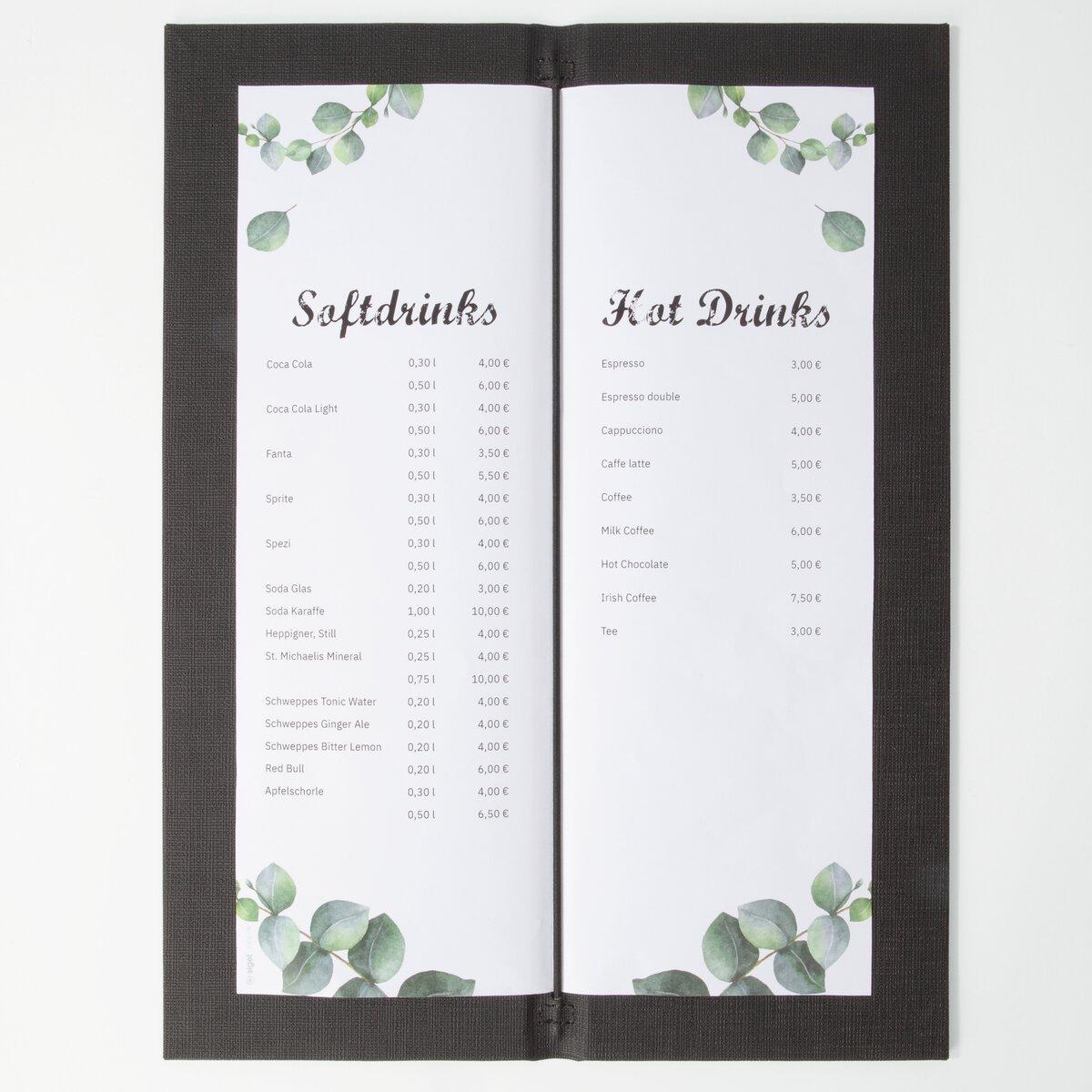 Speisekarte mit Soft- und Heißgetränken