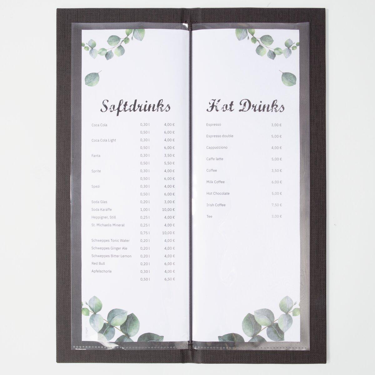 Speisekarte mit Softdrinks und Heißgetränken, jeweils mit Preisen