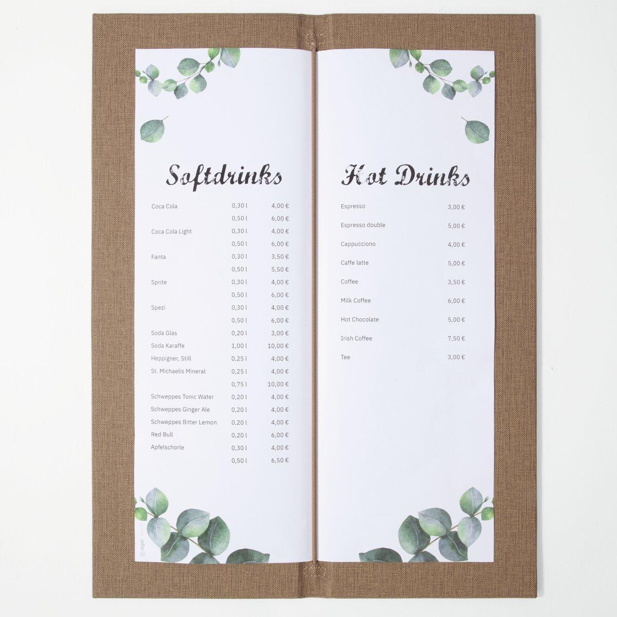 Getränkekarte mit Soft- und Heißgetränken, Preise in Euro