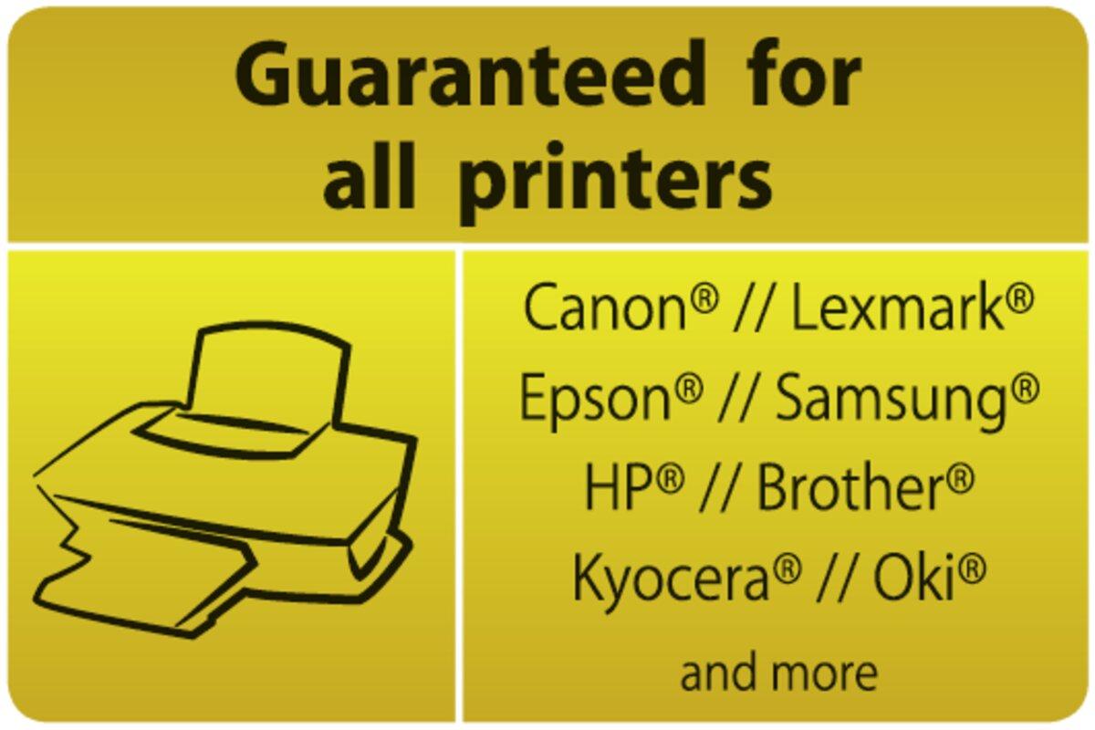 Drucker-Symbol, Text: „Guaranteed for all printers“ und „Canon®, Epson®, HP®, Kyocera®“ usw auf gelbem Hintergrund