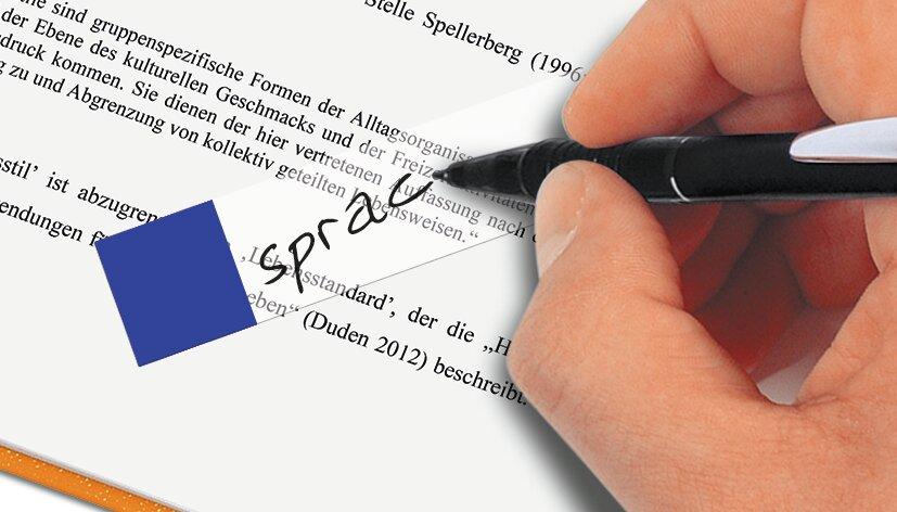 Hand schreibt Wort Sprache auf Textdokument