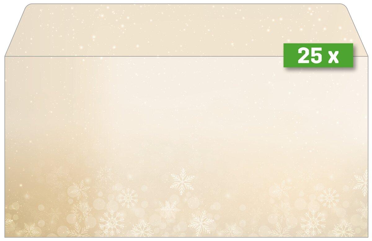 Envelope with snowflake pattern, beige background Top right green 25 x mark