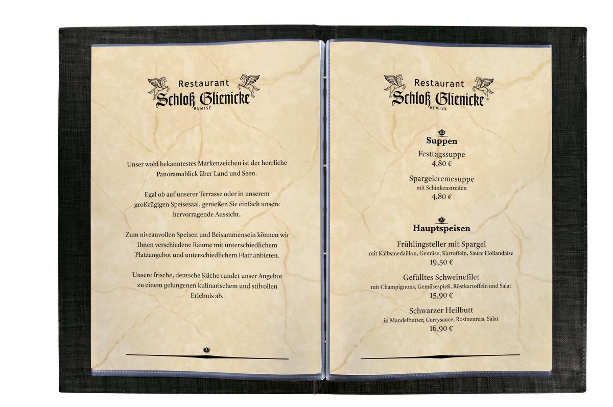 Speisekarte von Restaurant Schloss Glienicke; Suppen und Hauptspeisen mit Preisen