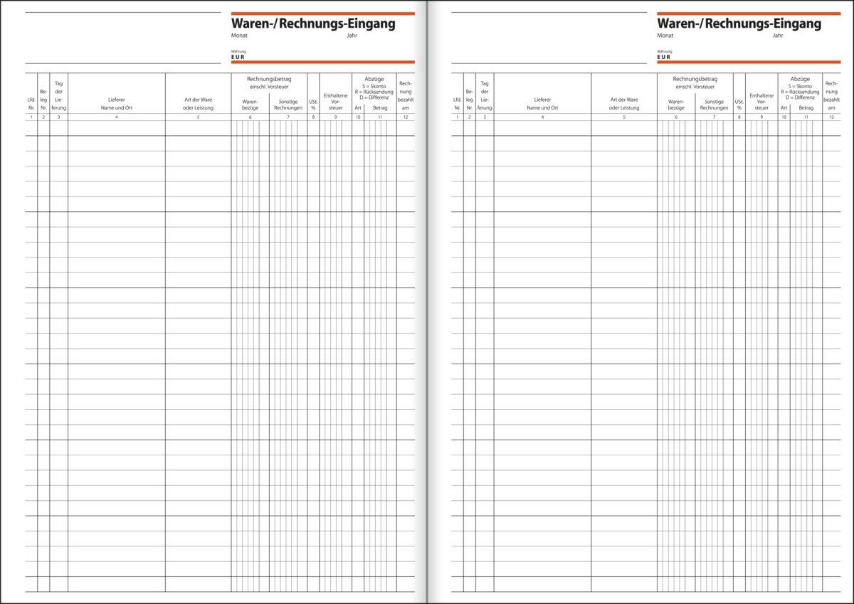Tabelle zur Erfassung von Wareneingängen Felder für Datum, Lieferer, Rechnungsbetrag