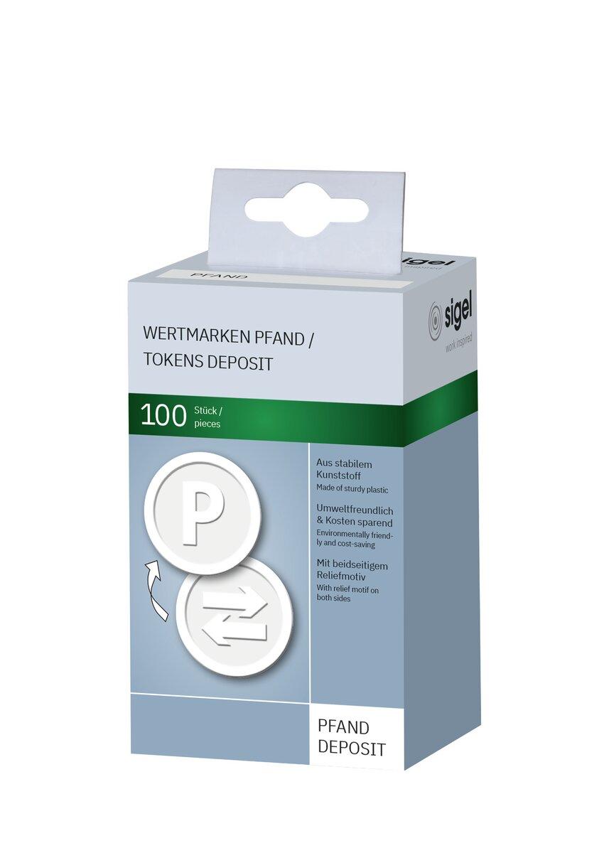 Schachtel mit 100 Pfandmarken aus Kunststoff