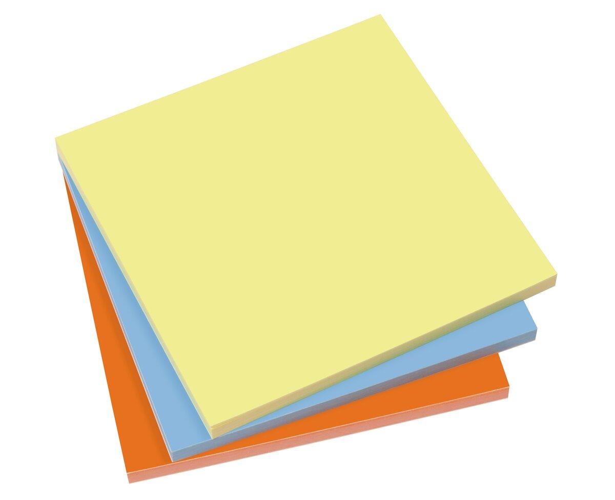 Drei gestapelte, farbige Quadrate in Gelb, Blau und Orange