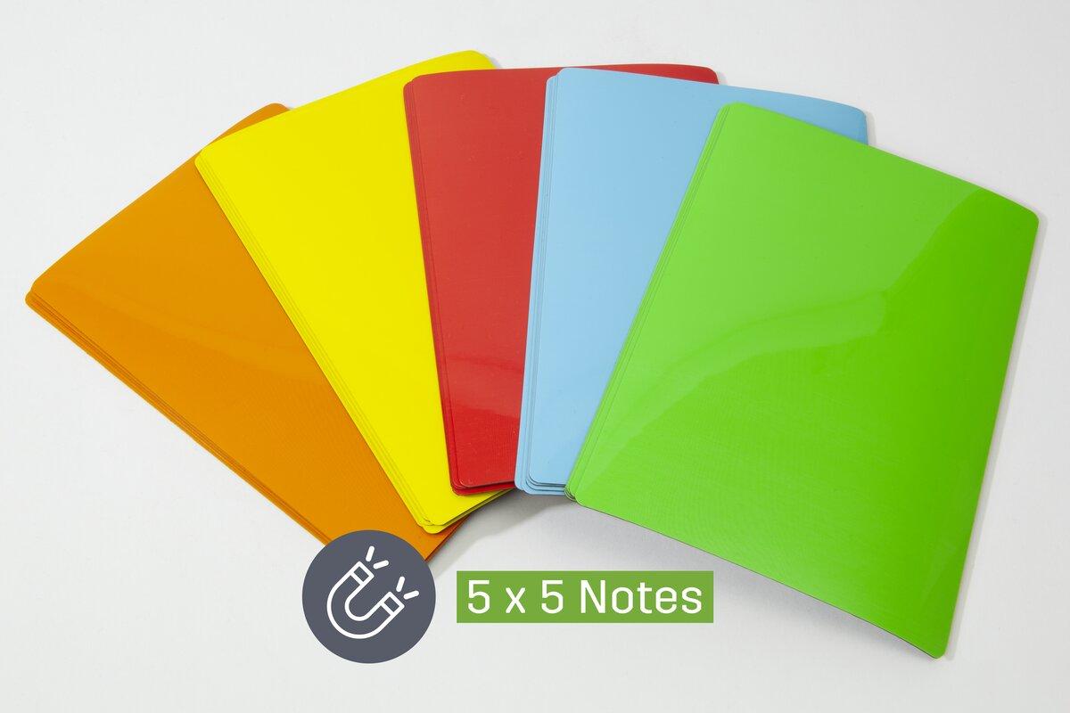 Five colourful plastic viewing panels Text: 5 x 5 Notes