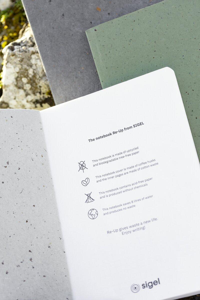 Notizbuch mit nachhaltigem Papier und Symbolen, umgeben von grünem und grauem Hintergrund