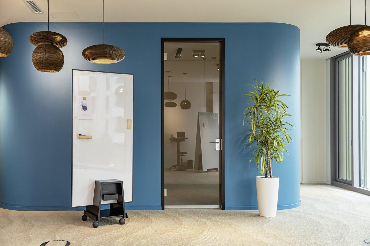 Office with blue wall, door and plant