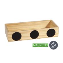 Wooden box with three black magnets Text: MAGNETIC