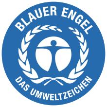 Blauer Engel Logo: Kreis mit Figur, umgeben von Lorbeerkranz und Text