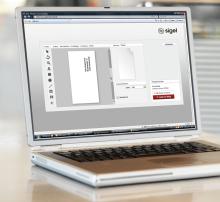 Laptop mit geöffnetem Designprogramm Bildschirm zeigt benutzerdefinierte Layout-Optionen