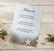 Festive menu on a wooden background, surrounded by Christmas decorations