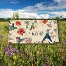 Blumenfeld und Gutschein mit Kolibris und Blumenillustrationen