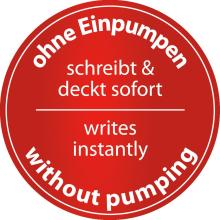 Red circle with text: without pumping, writes & covers instantly, without pumping