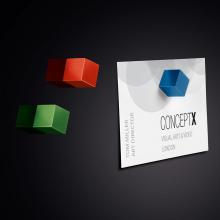 Three colorful magnets and business card