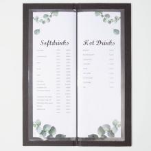 Speisekarte mit Softdrinks und Heißgetränken, jeweils mit Preisen