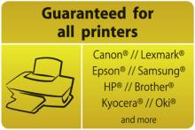 Drucker-Symbol, Text: „Guaranteed for all printers“ und „Canon®, Epson®, HP®, Kyocera®“ usw auf gelbem Hintergrund