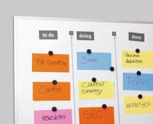 Pin board with three columns: To-Do, Doing, Done, written notes