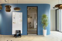 Office with blue wall, door and plant
