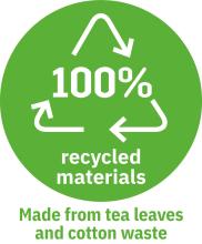 Recycling-Symbol mit 100% recyceltem Material aus Tee und Baumwollabfällen