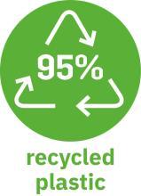 Green circle with 95% recycling symbol Underneath lettering recycled plastic