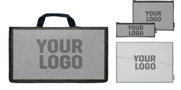 Druckbereiche der unterschiedlichen Desk Sharing Bags und Accessoires sind zu sehen