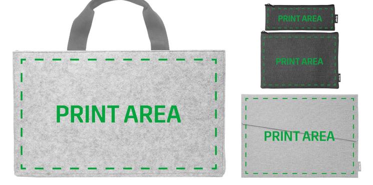 Druckbereiche der unterschiedlichen Desk Sharing Bags und Accessoires sind zu sehen