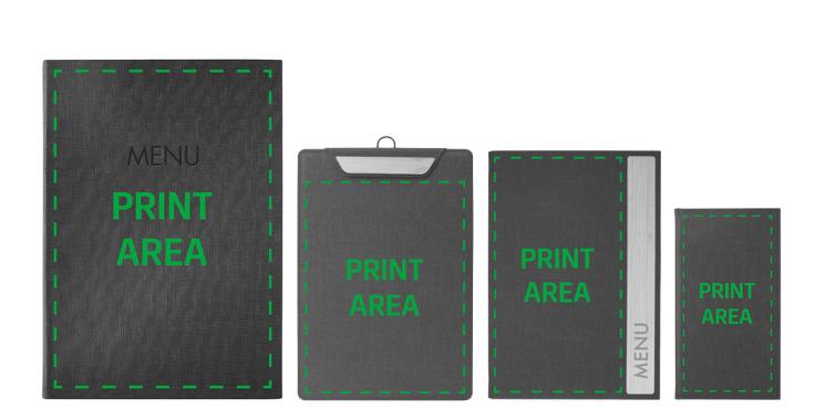 Die bedruckbaren Flächen der SIGEL Speisekarten, Getränkekarten und Klemmbretter.