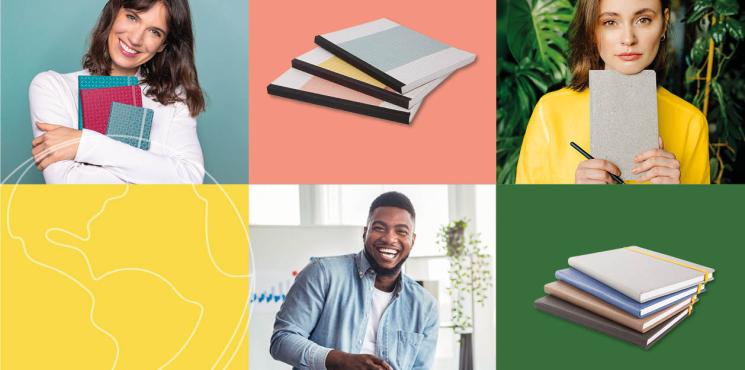 Verschieden farbige Kacheln in grün, koralle und gelb mit Personen, die Notizbücher halten und daneben Notizbuchstapel.