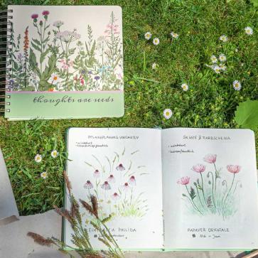 Aufgeschlagenes Notizbuch mit Blumenzeichnungen liegt auf Gras