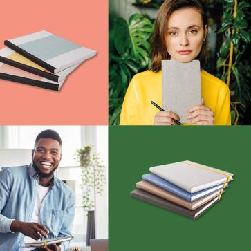 Verschieden farbige Kacheln in grün, koralle und gelb mit Personen, die Notizbücher halten und daneben Notizbuchstapel.